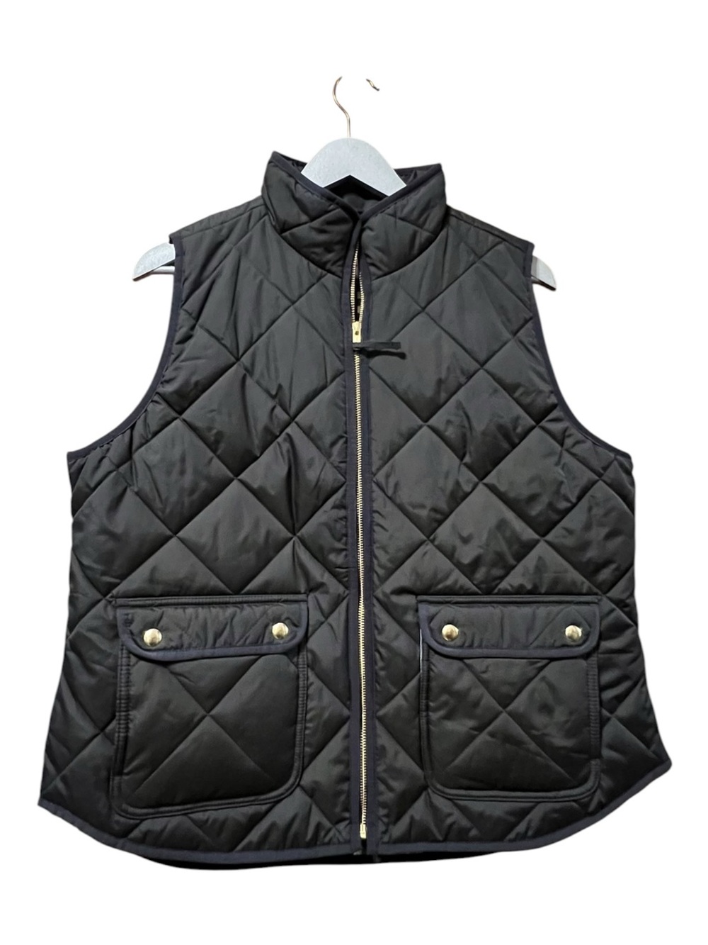 J.Crew Excursion Diamond Quilted Vest Black Gold Zip Gingham Lined Size XL